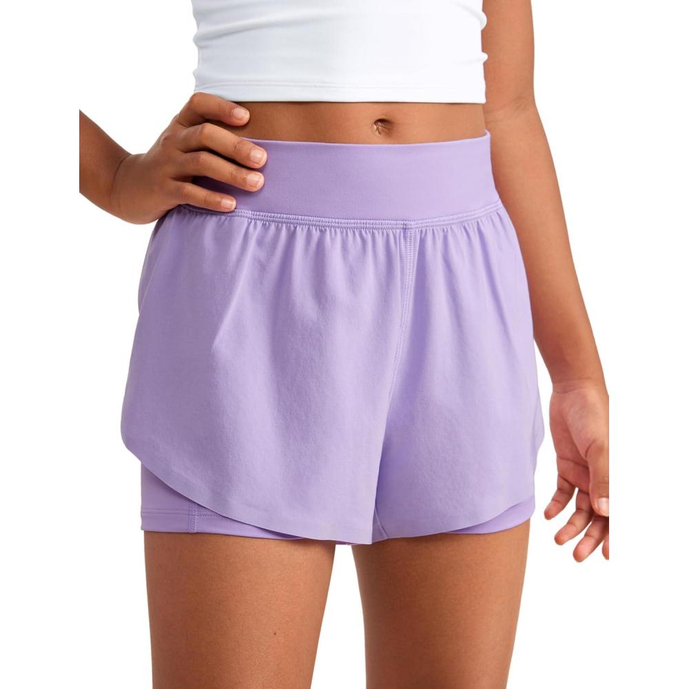 imageCRZ YOGA Girls FeatheryFit Soft 2 in 1 Dolphin Athletic Shorts Tennis Soccer Running Casual Liner Pockets Kids TeenLilac