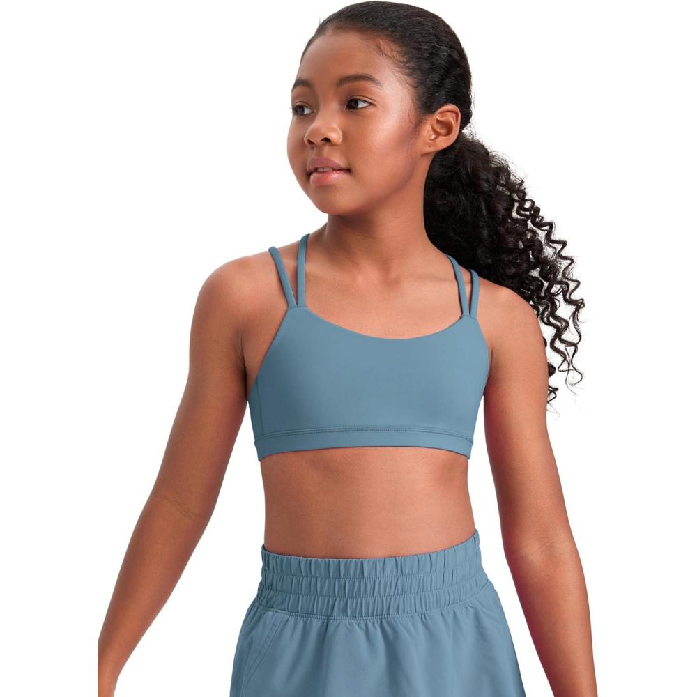 imageCRZ YOGA Girls Softness Mold Butterluxe Sports Bra Yoga Athletic Casual Double Spaghetti Strap Scoop Neck Kids TeenBlue Ashes