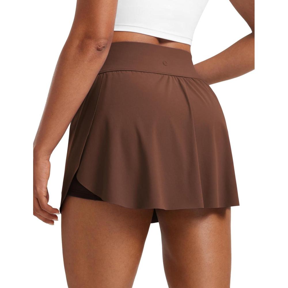 imageCRZ YOGA High Waisted Side Slit Tennis Skirts for Women Mini Lined A Line Running Athletic Skort with Inner PocketsCoffee Brown