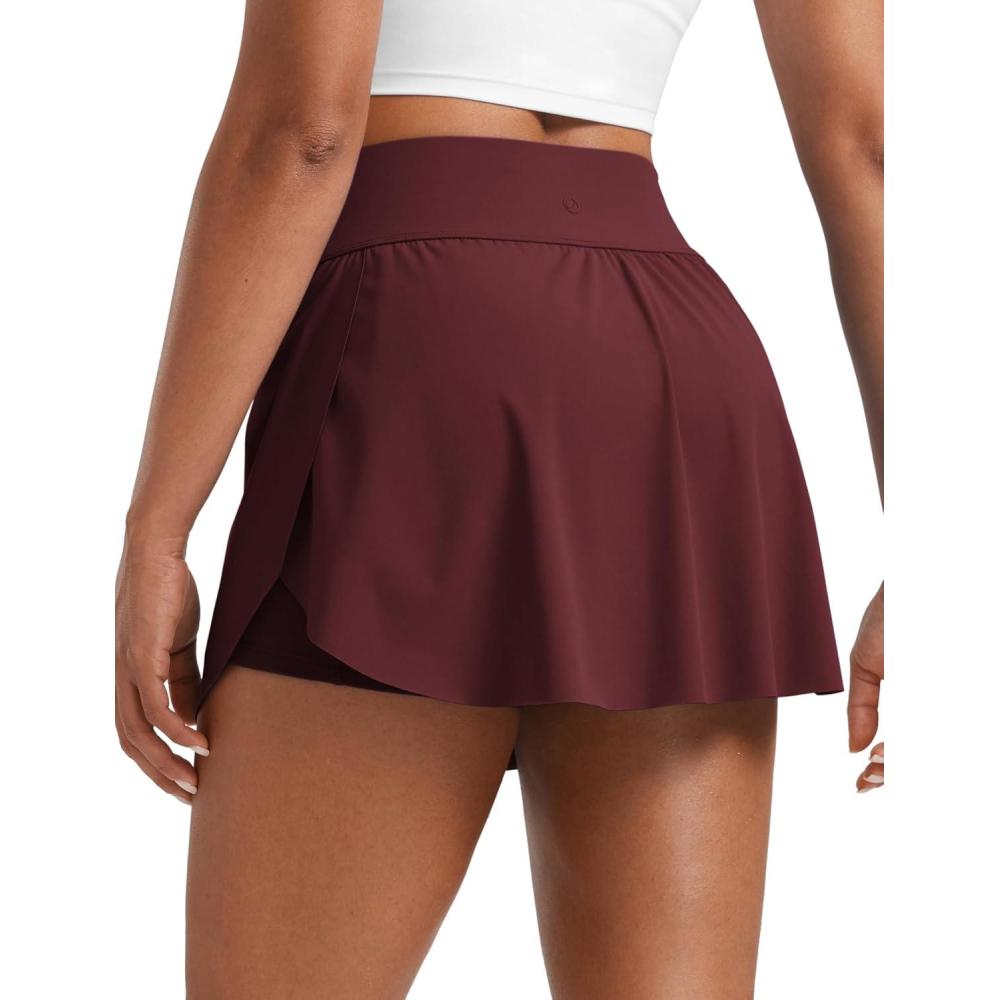 imageCRZ YOGA High Waisted Side Slit Tennis Skirts for Women Mini Lined A Line Running Athletic Skort with Inner PocketsRed Merlot