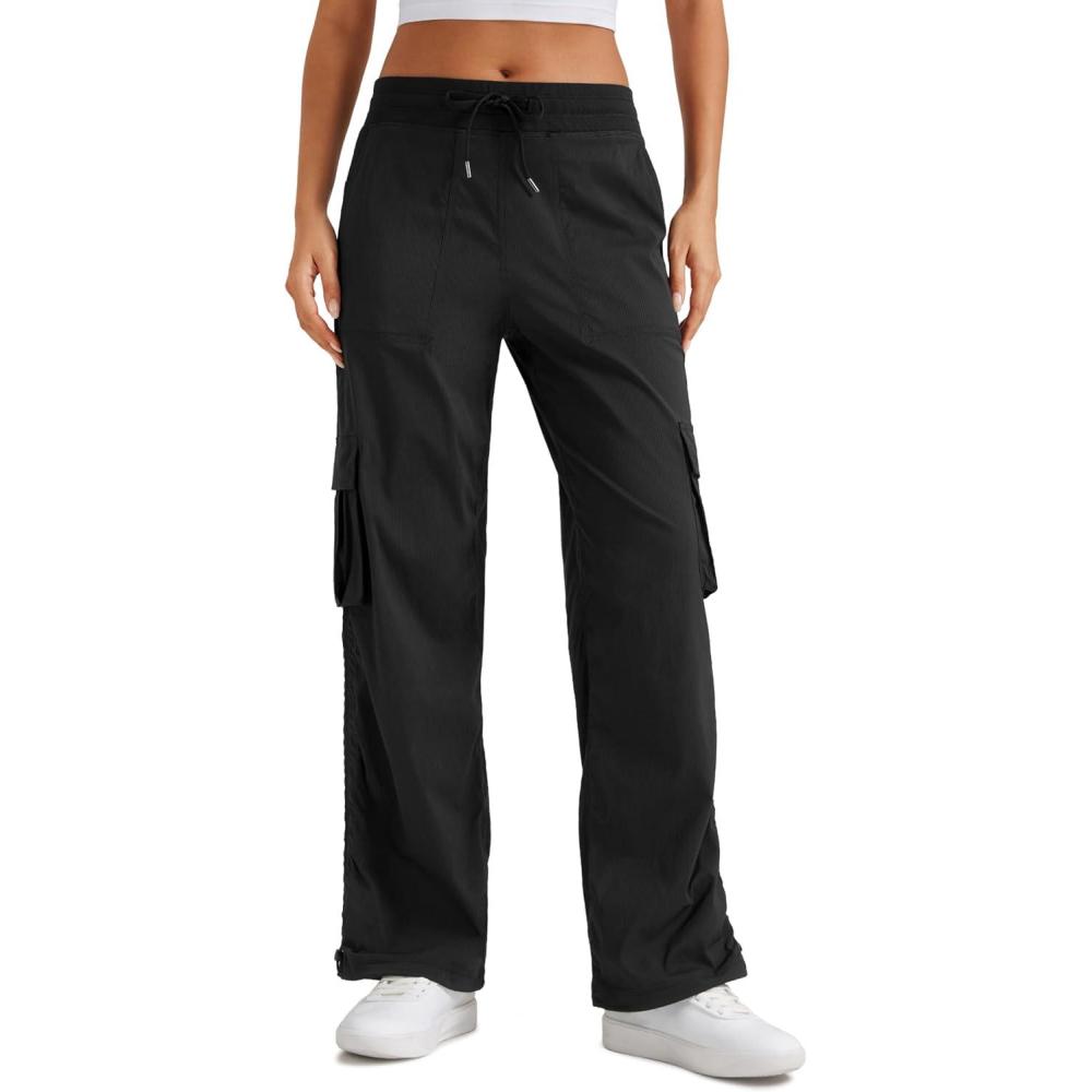 imageCRZ YOGA Lightweight Cargo Casual Pants for Women 30quot Ruched Straight Leg Travel Athletic Hiking JoggersBlack
