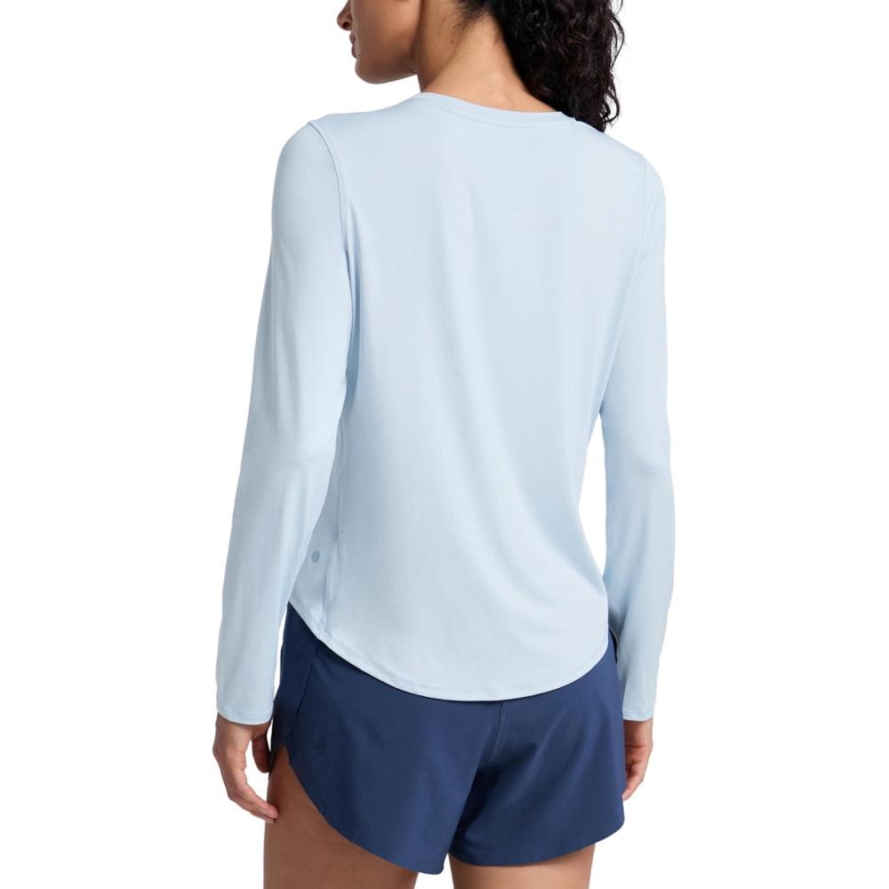 imageCRZ YOGA Lightweight Workout Long Sleeve Shirts for Women  Gym Running Fall Athletic Training TShirts High Neck TopsBlue Linen