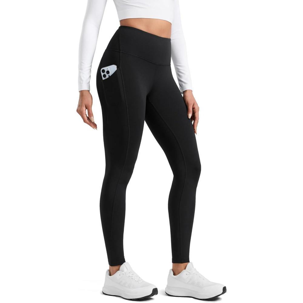 imageCRZ YOGA Matte Fleece Lined Athletic Leggings Pockets 28quot Water Resistant Hiking Casual Workout Womens Thermal PantsBlack