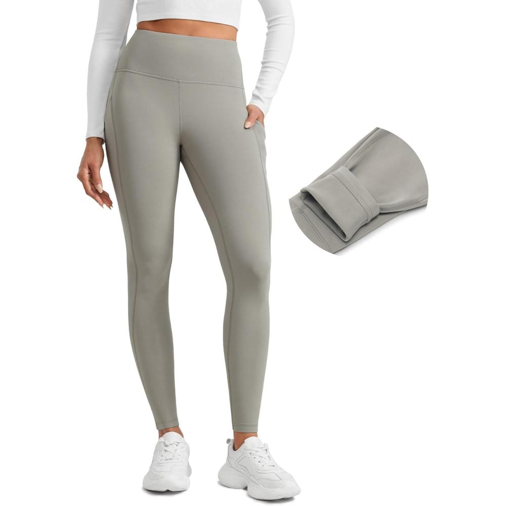 imageCRZ YOGA Matte Fleece Lined Athletic Leggings Pockets 28quot  Water Resistant Hiking Casual Workout Womens Thermal PantsRock Grey