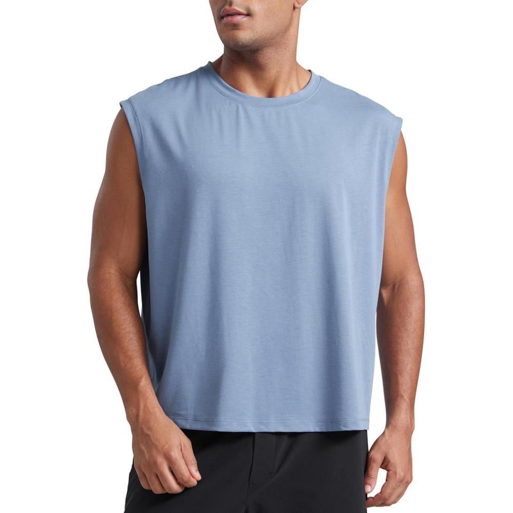 imageCRZ YOGA Mens Mesh Workout Tank Tops Quick Dry Breathable Running Athletic Training Sleeveless Muscle ShirtsSlate Blue