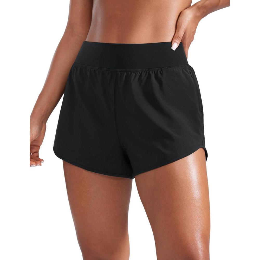 imageCRZ YOGA Mid Flat Waisted Running Shorts for Women 3quot  Mesh Liner Quick Dry for Workout Sport Athletic with Zipper PocketBlack