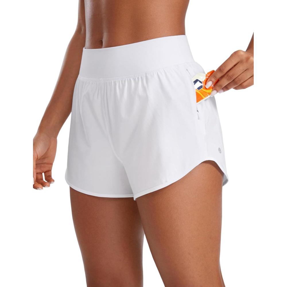 imageCRZ YOGA Mid Flat Waisted Running Shorts for Women 3quot Mesh Liner Quick Dry for Workout Sport Athletic with Zipper PocketWhite