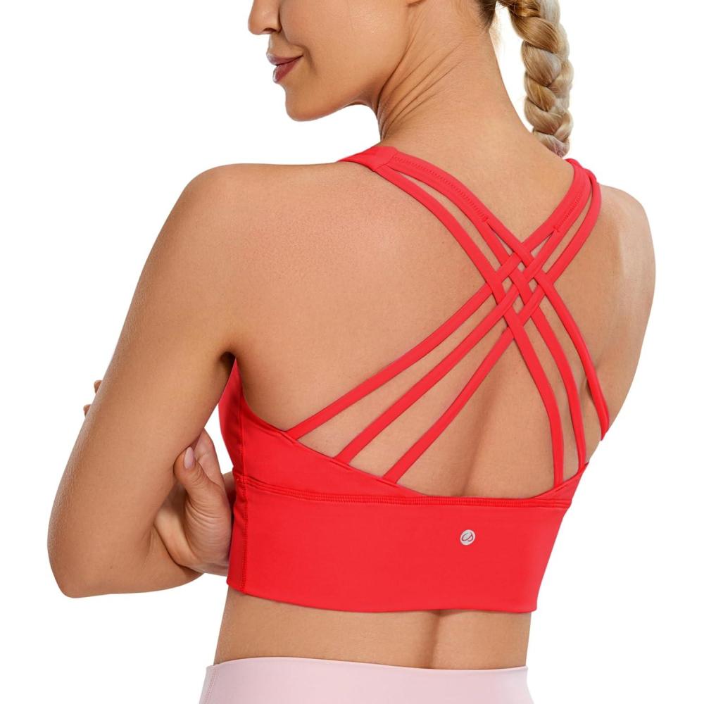 imageCRZ YOGA Naked Feeling Criss Cross Longline Sports Bras for Women Wirefree Padded Strappy Yoga Cropped TopsDeep Red