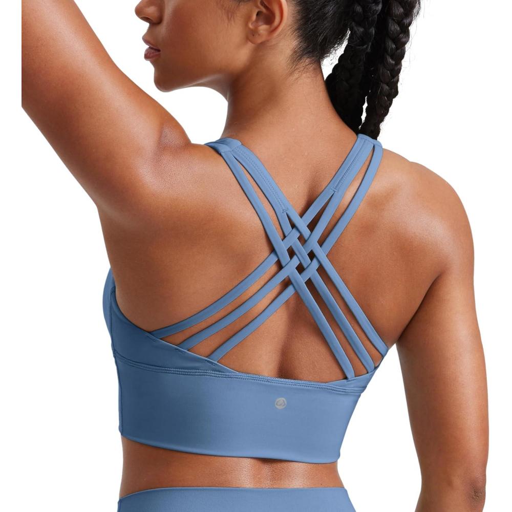 imageCRZ YOGA Naked Feeling Criss Cross Longline Sports Bras for Women Wirefree Padded Strappy Yoga Cropped TopsOasis Blue