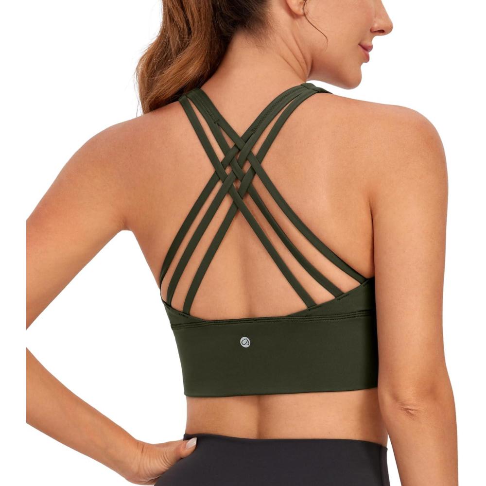 imageCRZ YOGA Naked Feeling Criss Cross Longline Sports Bras for Women Wirefree Padded Strappy Yoga Cropped TopsOlive Green