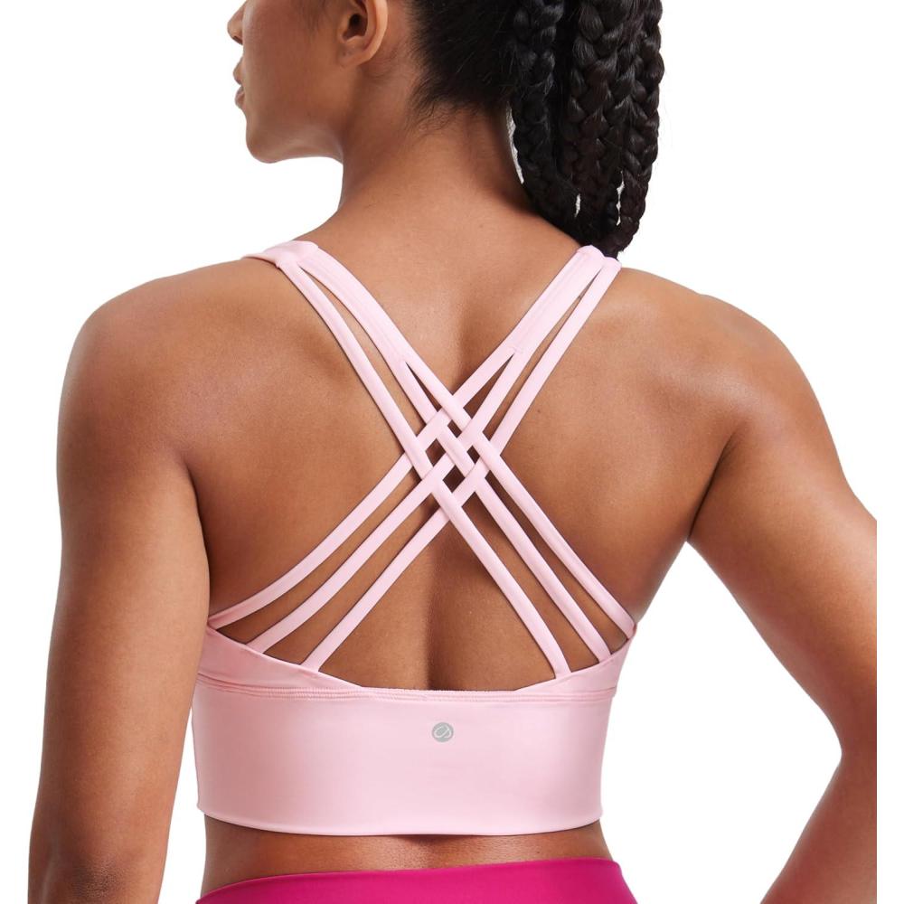 imageCRZ YOGA Naked Feeling Criss Cross Longline Sports Bras for Women Wirefree Padded Strappy Yoga Cropped TopsStrawberry Pink