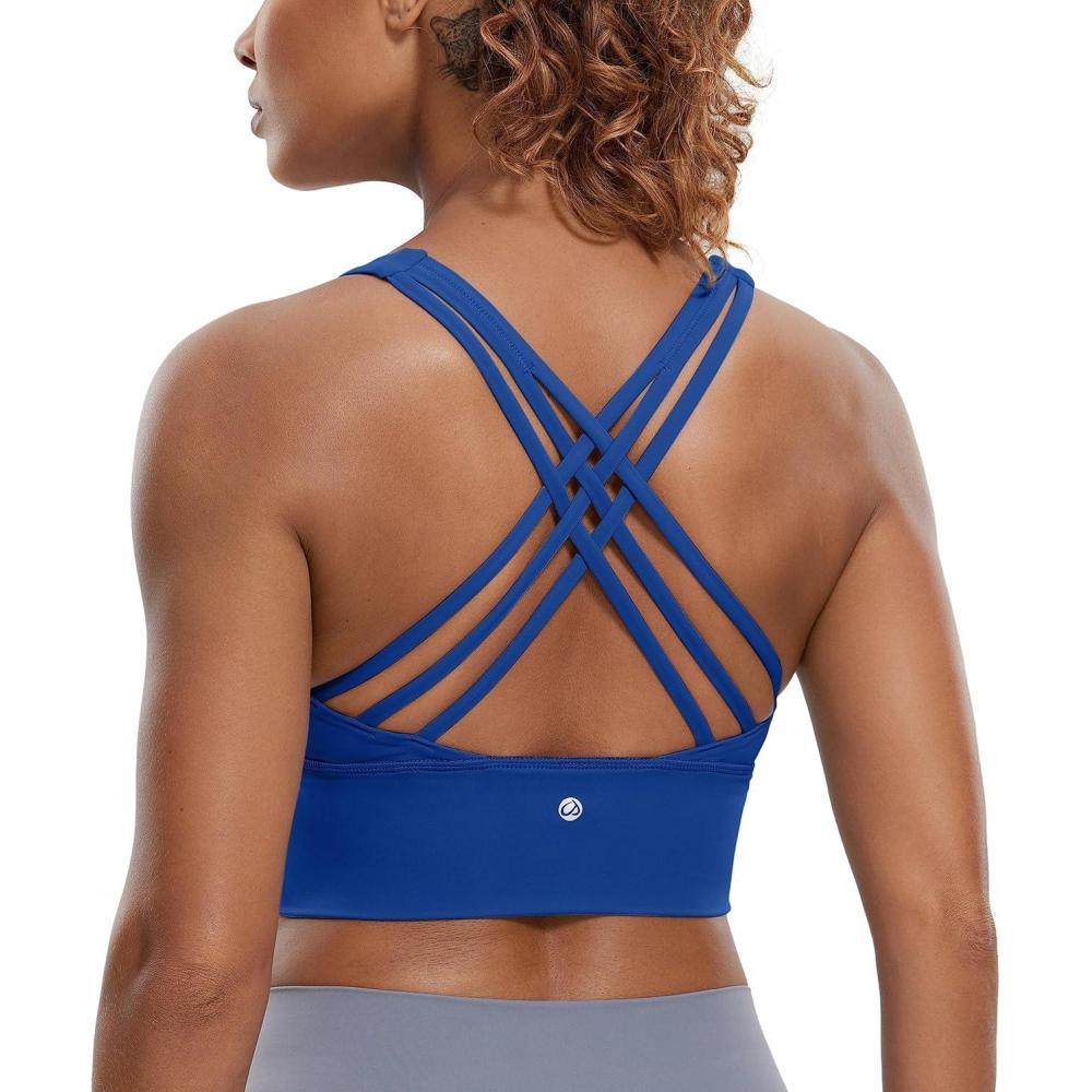 imageCRZ YOGA Naked Feeling Criss Cross Longline Sports Bras for Women Wirefree Padded Strappy Yoga Cropped TopsWaves Blue