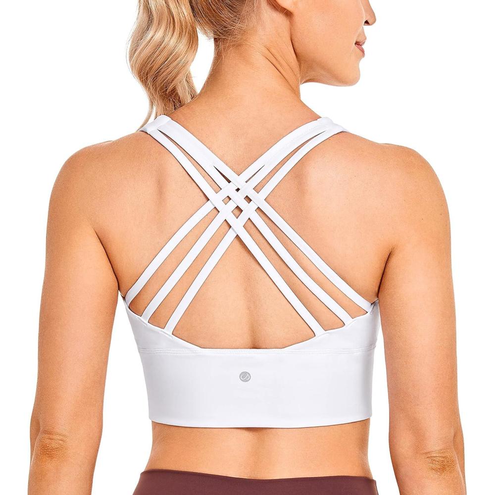 imageCRZ YOGA Naked Feeling Criss Cross Longline Sports Bras for Women Wirefree Padded Strappy Yoga Cropped TopsWhite
