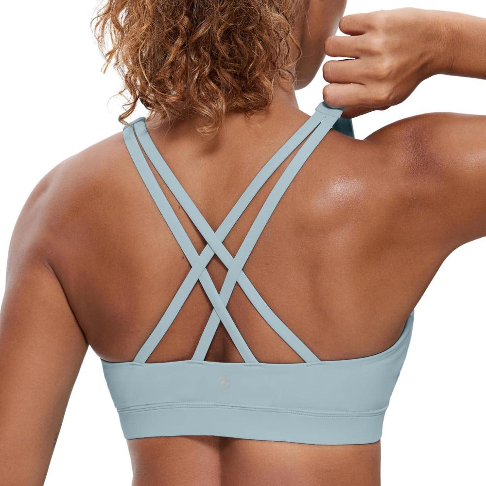 imageCRZ YOGA Naked Feeling Strappy Padded Sports Bras for Women  Fitness Workout Top Criss Cross Back Yoga CamiCambric Blue