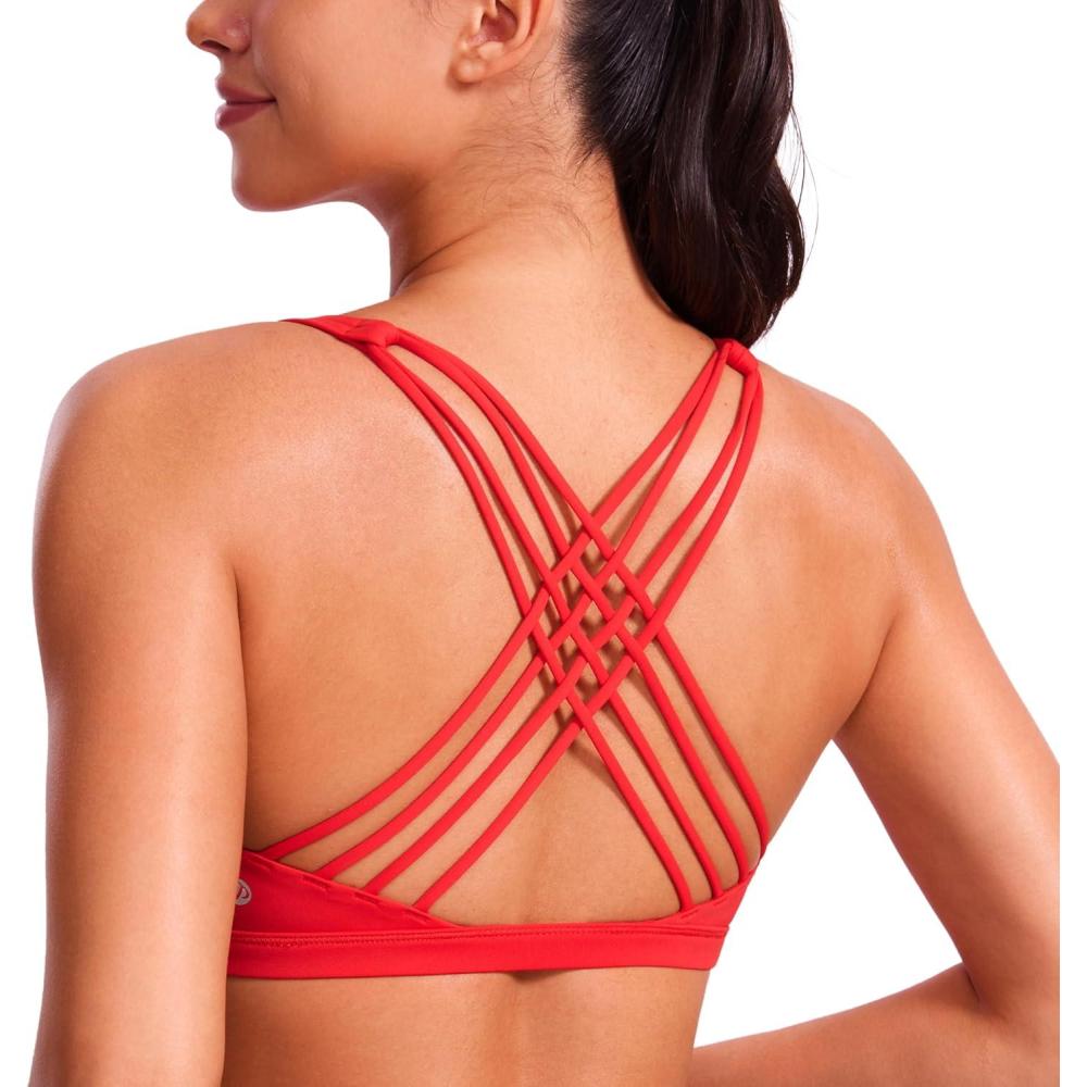 imageCRZ YOGA Naked Feeling Strappy Sports Bras for Women  Criss Cross Back Wireless Padded Cami Yoga Workout TopDeep Red