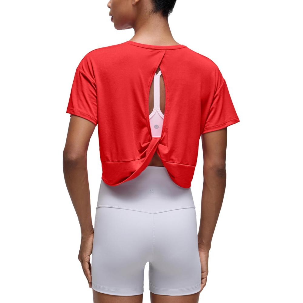 imageCRZ YOGA Open Back Short Sleeve Crop Top for Women Loose Athletic Yoga Workout Shirts Casual Cropped TShirtsDeep Red
