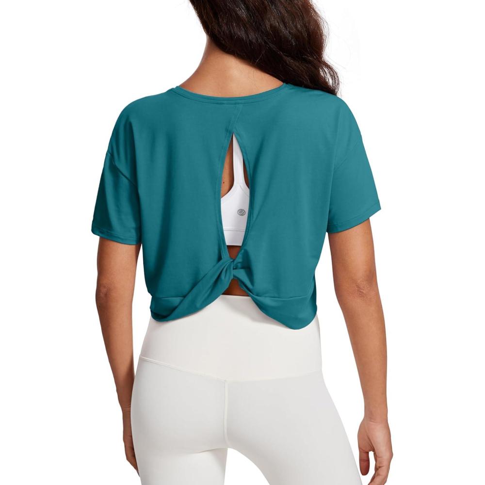 imageCRZ YOGA Open Back Short Sleeve Crop Top for Women Loose Athletic Yoga Workout Shirts Casual Cropped TShirtsGreen Jade