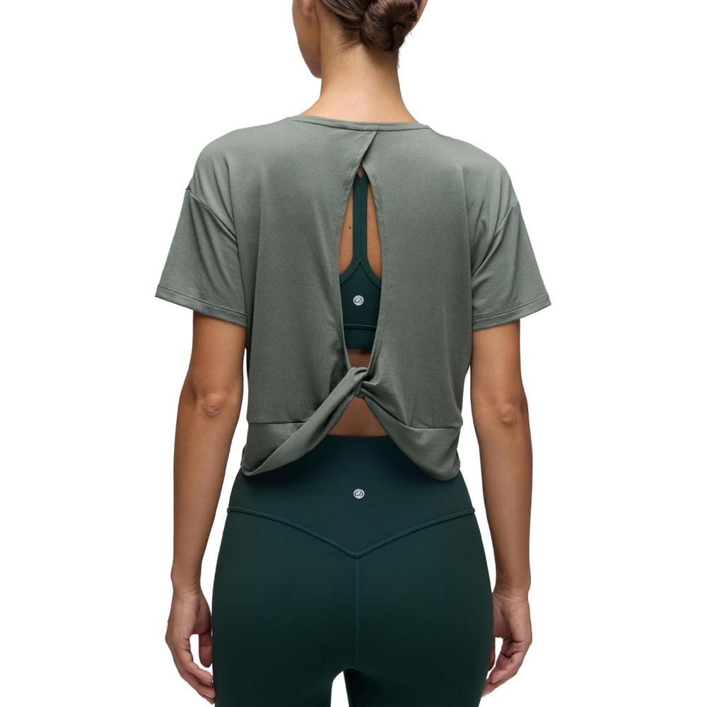 imageCRZ YOGA Open Back Short Sleeve Crop Top for Women Loose Athletic Yoga Workout Shirts Casual Cropped TShirtsGrey Sage