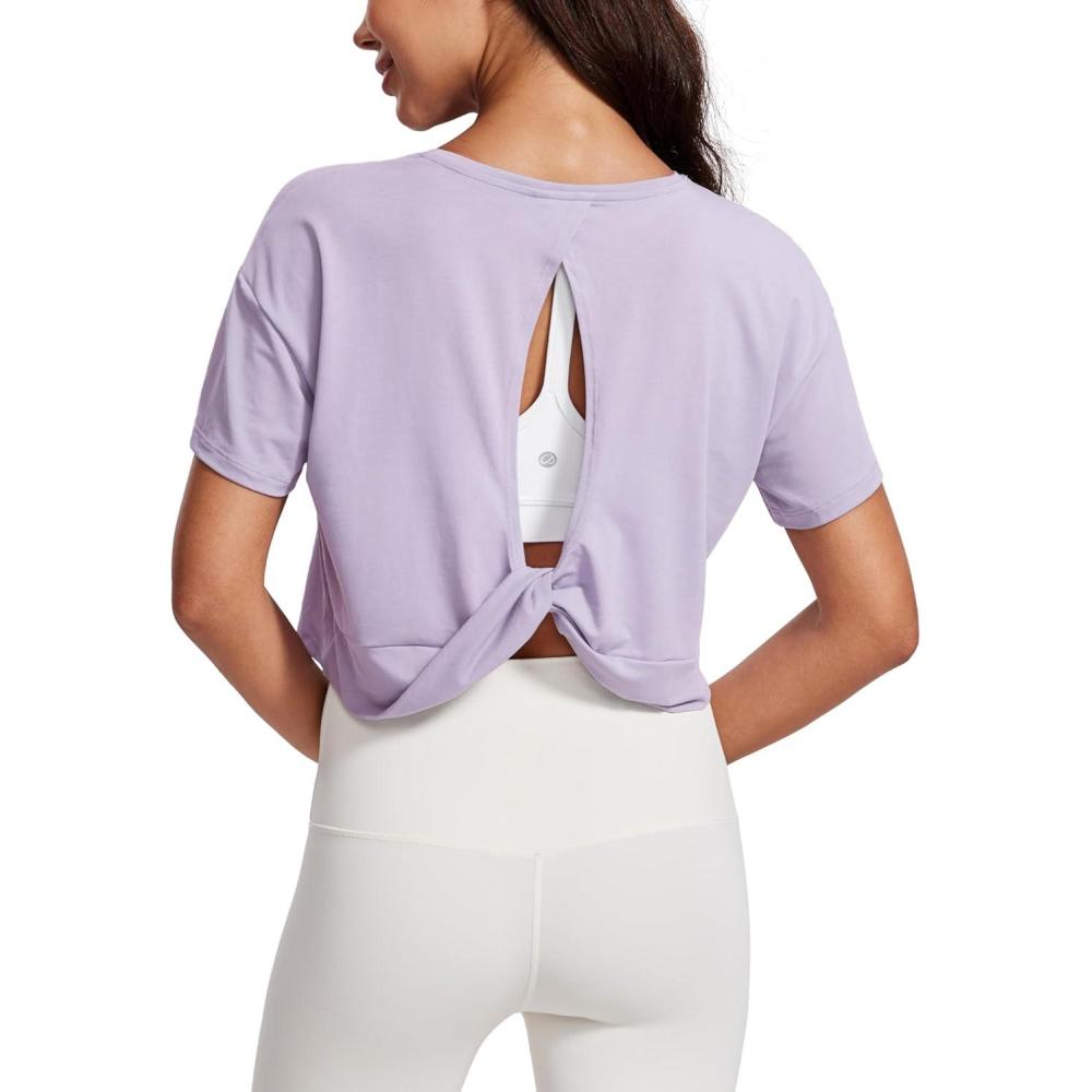 imageCRZ YOGA Open Back Short Sleeve Crop Top for Women Loose Athletic Yoga Workout Shirts Casual Cropped TShirtsLilac Lavender