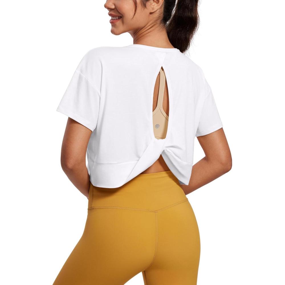 imageCRZ YOGA Open Back Short Sleeve Crop Top for Women Loose Athletic Yoga Workout Shirts Casual Cropped TShirtsWhite