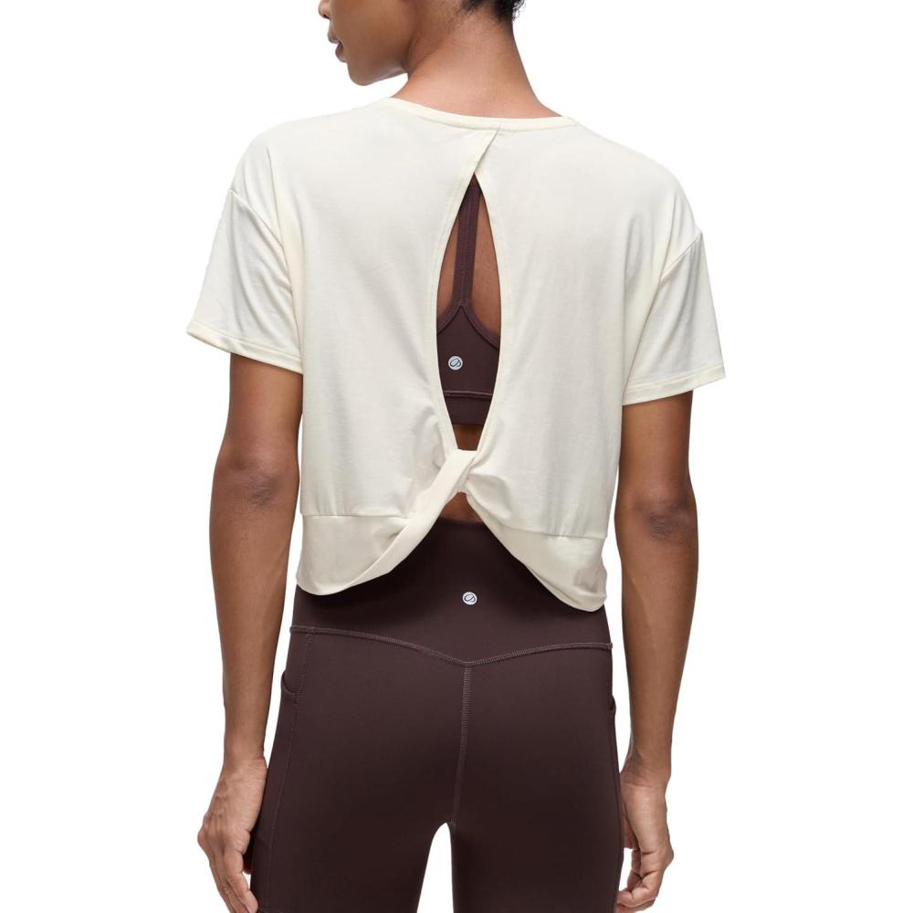 imageCRZ YOGA Open Back Short Sleeve Crop Top for Women Loose Athletic Yoga Workout Shirts Casual Cropped TShirtsWhite Apricot
