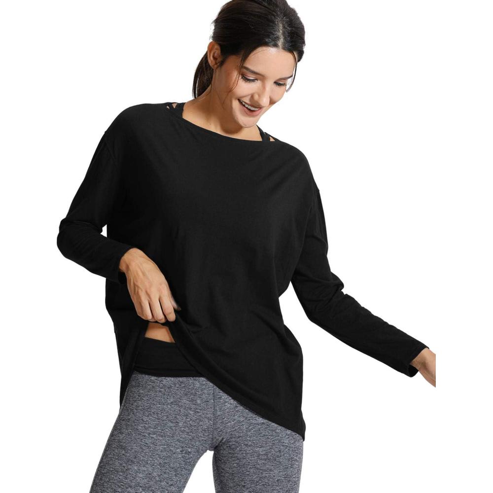 imageCRZ YOGA Pima Cotton Boat Neck Long Sleeve Shirts for Women Workout Athletic Yoga Casual Tops Loose Fit Fall TShirtsBlack