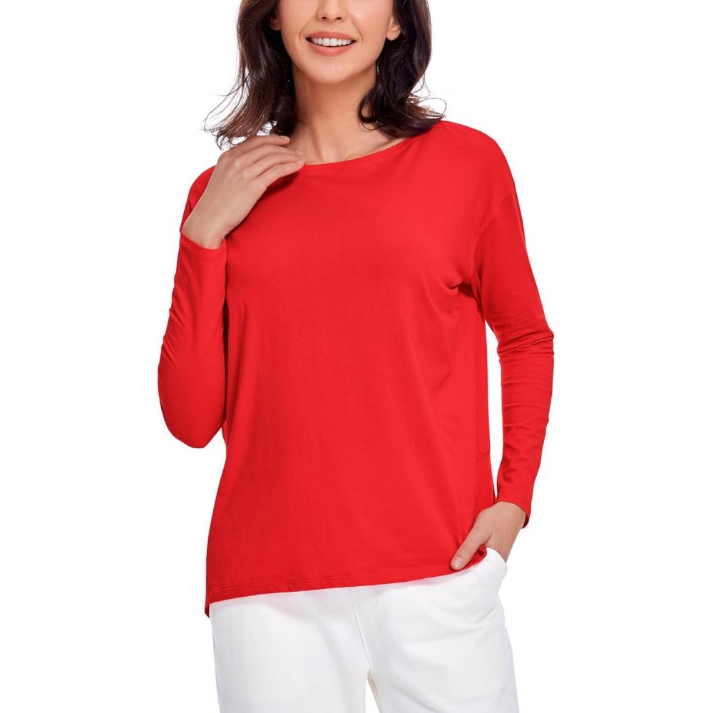 imageCRZ YOGA Pima Cotton Boat Neck Long Sleeve Shirts for Women Workout Athletic Yoga Casual Tops Loose Fit Fall TShirtsDeep Red