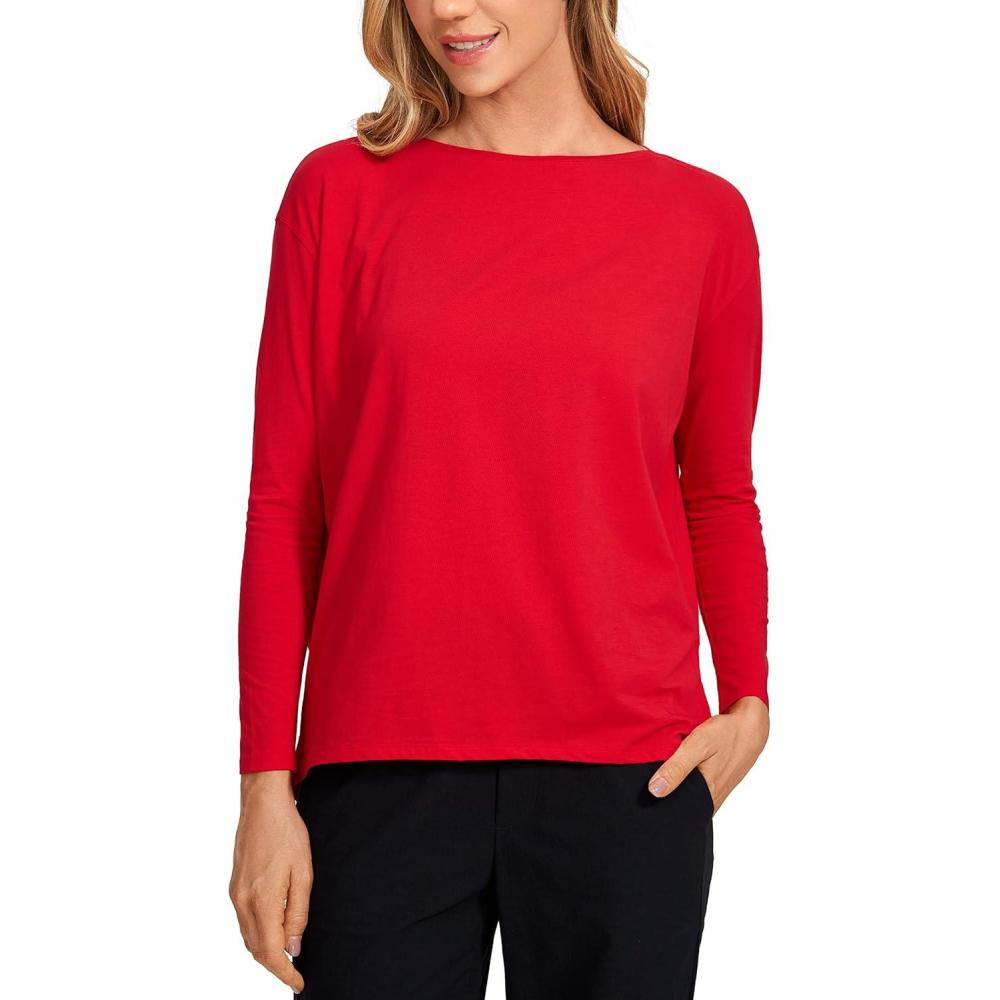 imageCRZ YOGA Pima Cotton Boat Neck Long Sleeve Shirts for Women Workout Athletic Yoga Casual Tops Loose Fit Fall TShirtsFestival Red