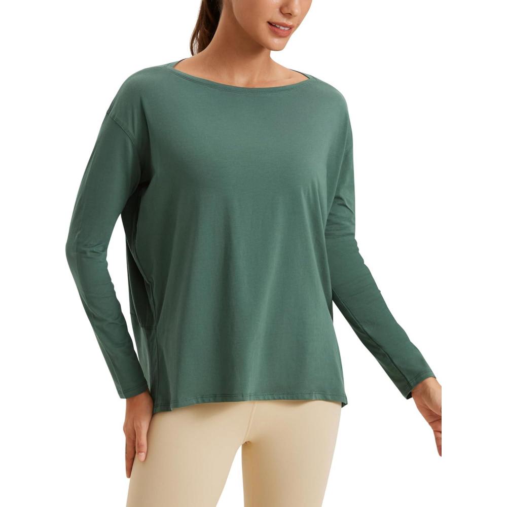 imageCRZ YOGA Pima Cotton Boat Neck Long Sleeve Shirts for Women Workout Athletic Yoga Casual Tops Loose Fit Fall TShirtsGraphite Green
