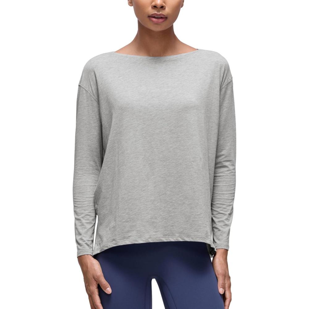 imageCRZ YOGA Pima Cotton Boat Neck Long Sleeve Shirts for Women Workout Athletic Yoga Casual Tops Loose Fit Fall TShirtsHeathered Medium Grey