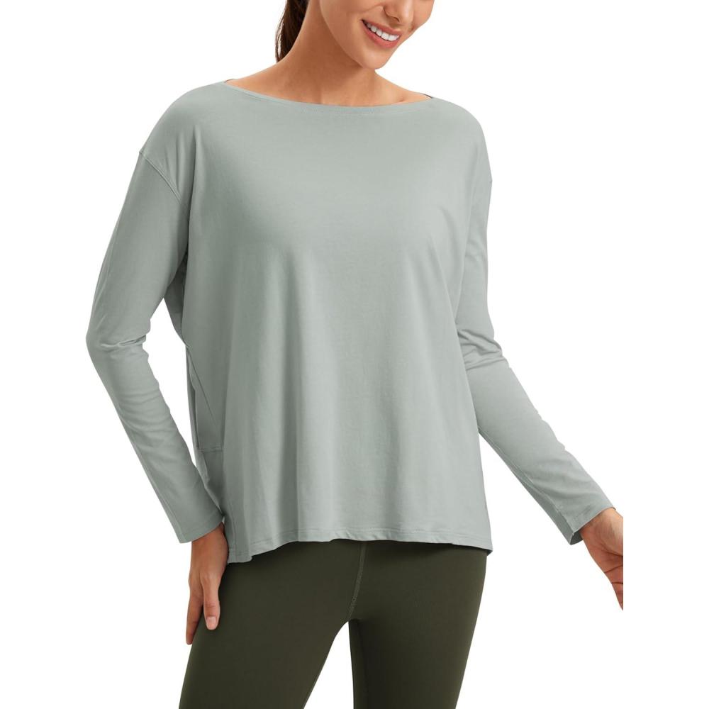imageCRZ YOGA Pima Cotton Boat Neck Long Sleeve Shirts for Women Workout Athletic Yoga Casual Tops Loose Fit Fall TShirtsJade Grey
