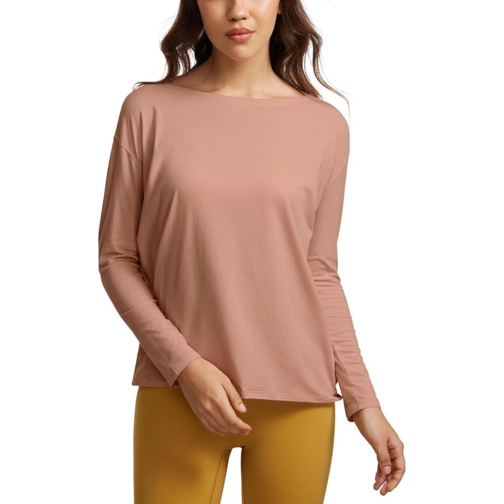 imageCRZ YOGA Pima Cotton Boat Neck Long Sleeve Shirts for Women Workout Athletic Yoga Casual Tops Loose Fit Fall TShirtsMocha Mousse