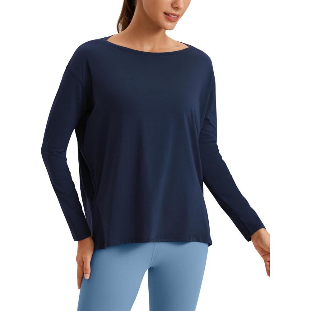 imageCRZ YOGA Pima Cotton Boat Neck Long Sleeve Shirts for Women Workout Athletic Yoga Casual Tops Loose Fit Fall TShirtsNavy