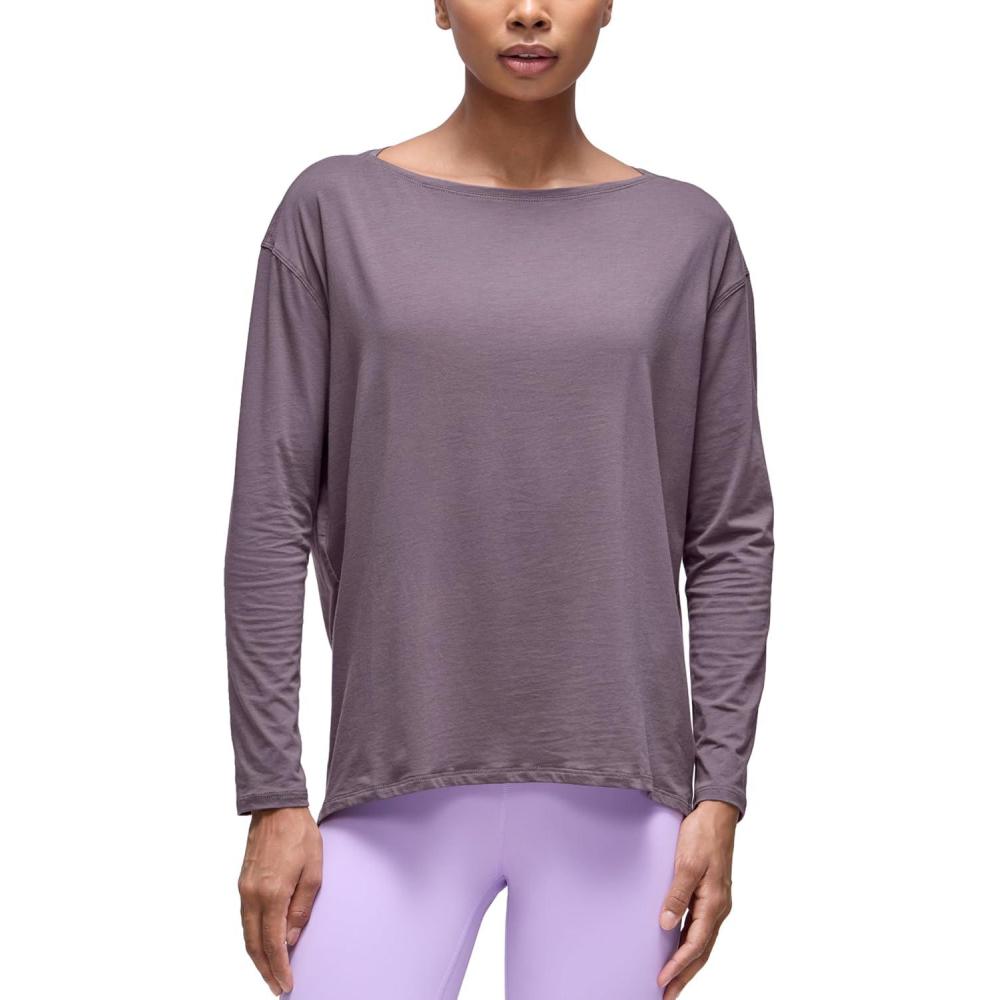 imageCRZ YOGA Pima Cotton Boat Neck Long Sleeve Shirts for Women Workout Athletic Yoga Casual Tops Loose Fit Fall TShirtsPurple Gray
