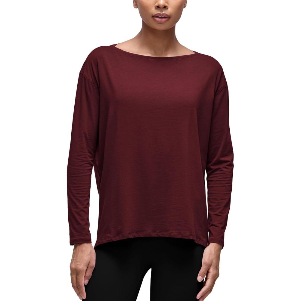 imageCRZ YOGA Pima Cotton Boat Neck Long Sleeve Shirts for Women Workout Athletic Yoga Casual Tops Loose Fit Fall TShirtsRed Merlot
