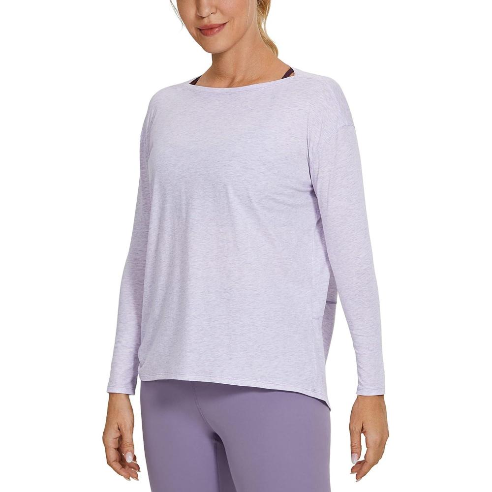 imageCRZ YOGA Pima Cotton Boat Neck Long Sleeve Shirts for Women Workout Athletic Yoga Casual Tops Loose Fit Fall TShirtsViolet Ash