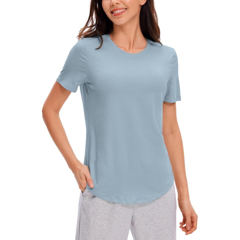 imageCRZ YOGA Pima Cotton Crewneck TShirts for Women  Workout Casual Yoga Athletic Short Sleeve Shirts Soft Crewneck Hip TopsCambric Blue