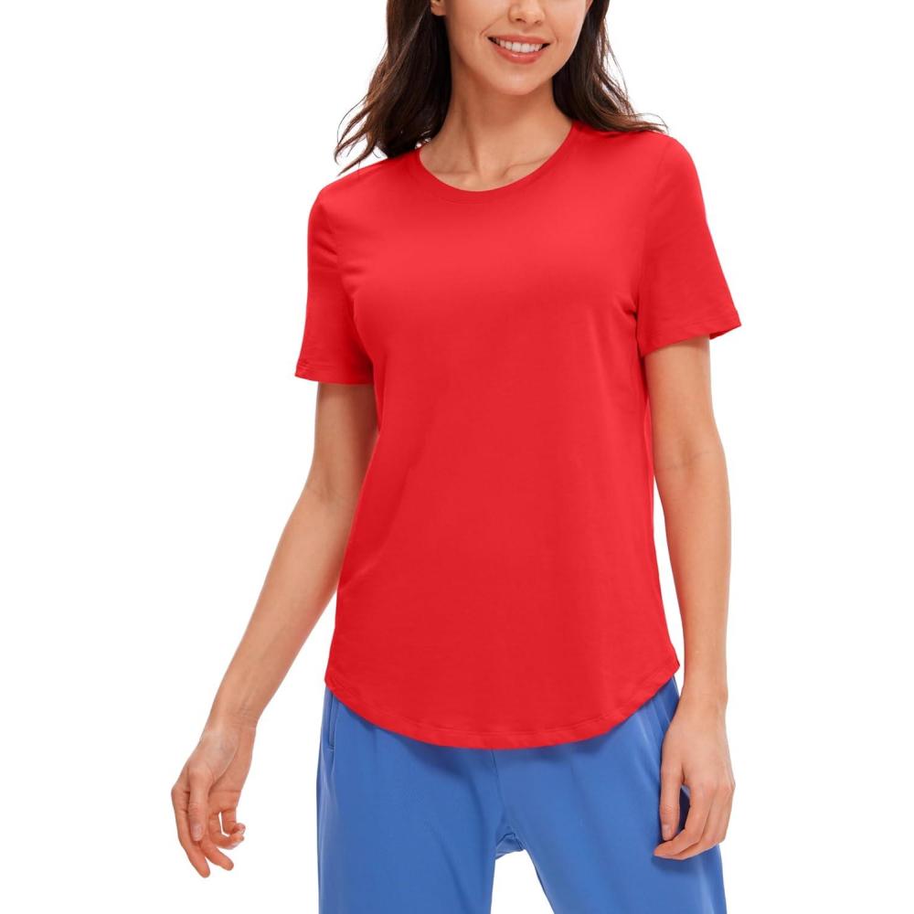 imageCRZ YOGA Pima Cotton Crewneck TShirts for Women  Workout Casual Yoga Athletic Short Sleeve Shirts Soft Crewneck Hip TopsDeep Red