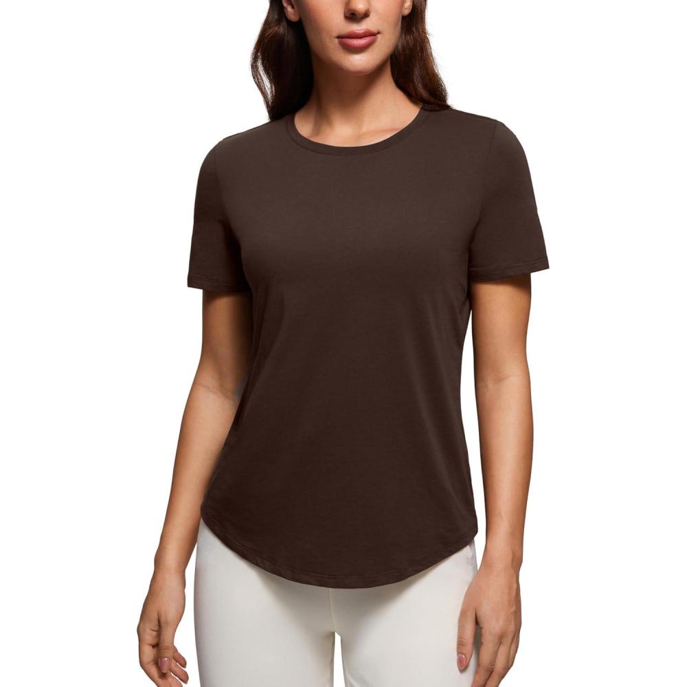 imageCRZ YOGA Pima Cotton Crewneck TShirts for Women  Workout Casual Yoga Athletic Short Sleeve Shirts Soft Crewneck Hip TopsHot Fudge Brown