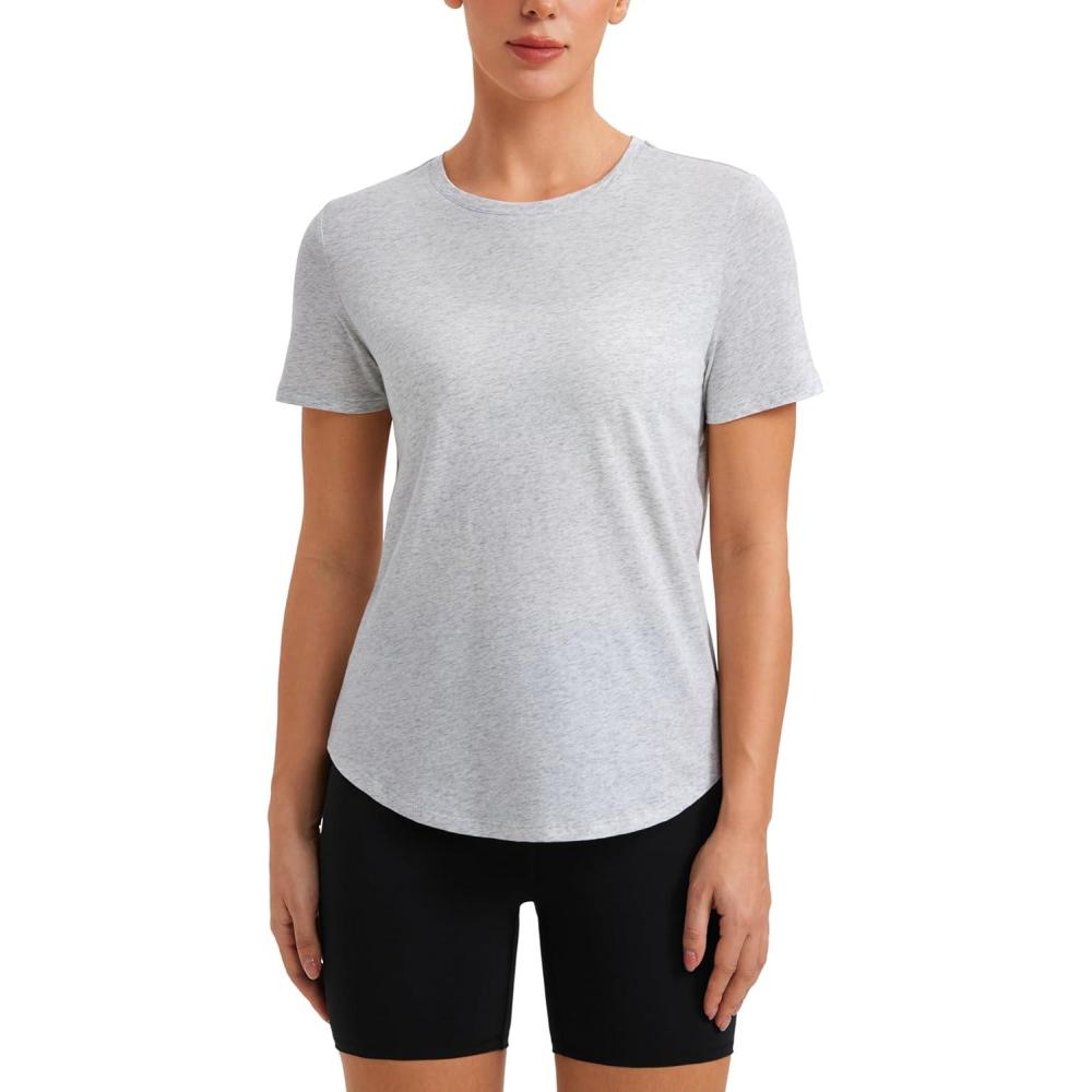 imageCRZ YOGA Pima Cotton Crewneck TShirts for Women  Workout Casual Yoga Athletic Short Sleeve Shirts Soft Crewneck Hip TopsLight Grey Heather