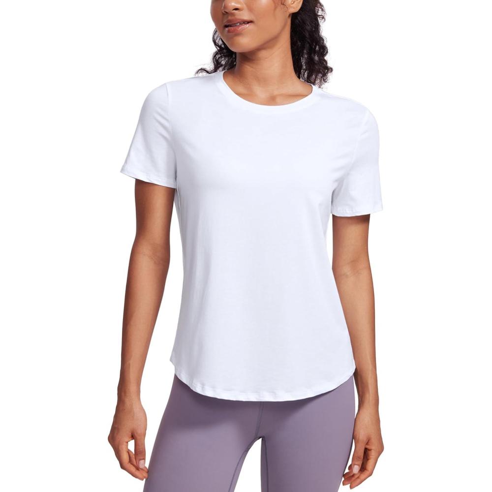 imageCRZ YOGA Pima Cotton Crewneck TShirts for Women  Workout Casual Yoga Athletic Short Sleeve Shirts Soft Crewneck Hip TopsWhite
