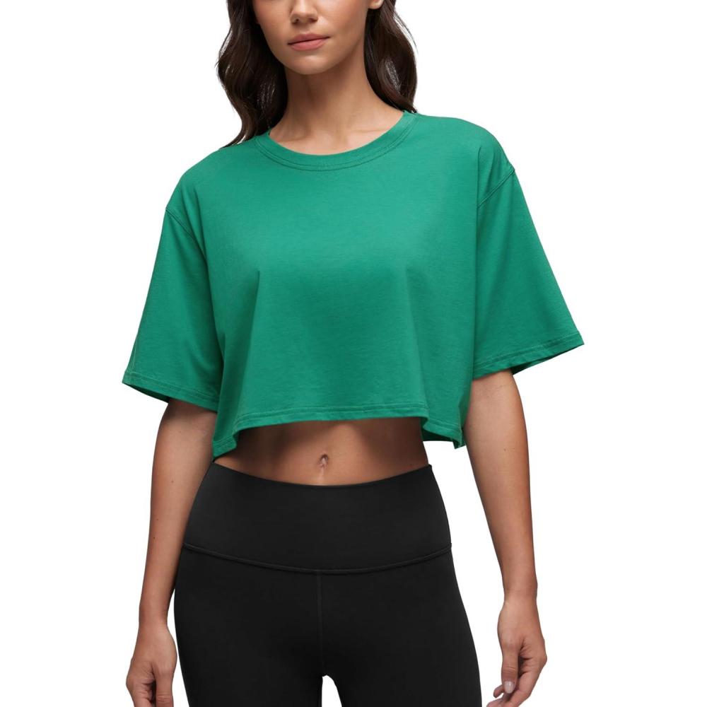 imageCRZ YOGA Pima Cotton Loose Crop TShirts for Women  Workout Yoga Casual Athletic Running Short Sleeve Shirts Crewneck TopsCascadia Green