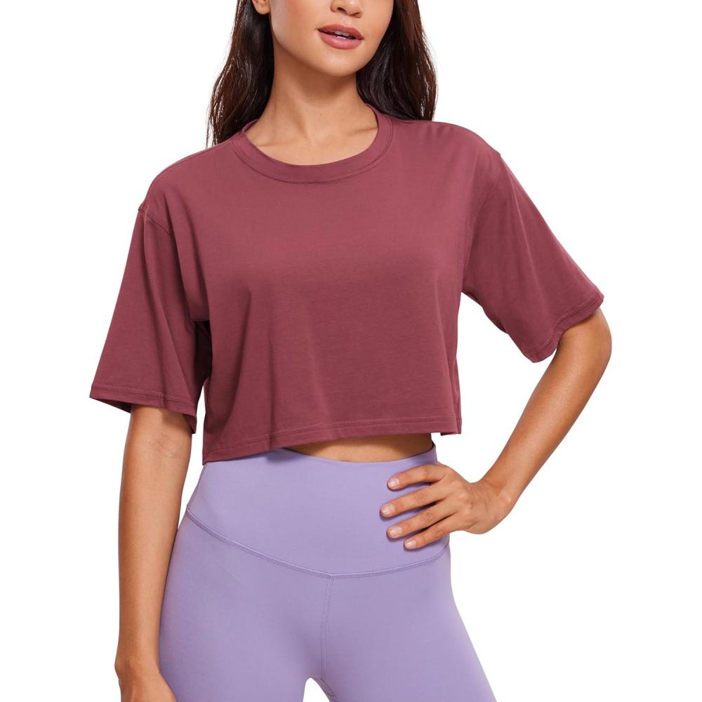 imageCRZ YOGA Pima Cotton Loose Crop TShirts for Women  Workout Yoga Casual Athletic Running Short Sleeve Shirts Crewneck TopsMisty Merlot