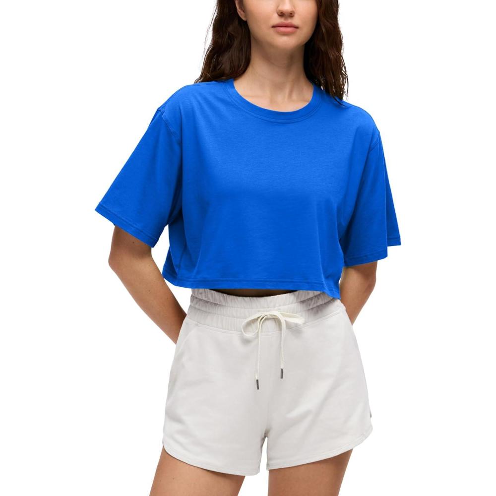 imageCRZ YOGA Pima Cotton Loose Crop TShirts for Women  Workout Yoga Casual Athletic Running Short Sleeve Shirts Crewneck TopsStrong Blue