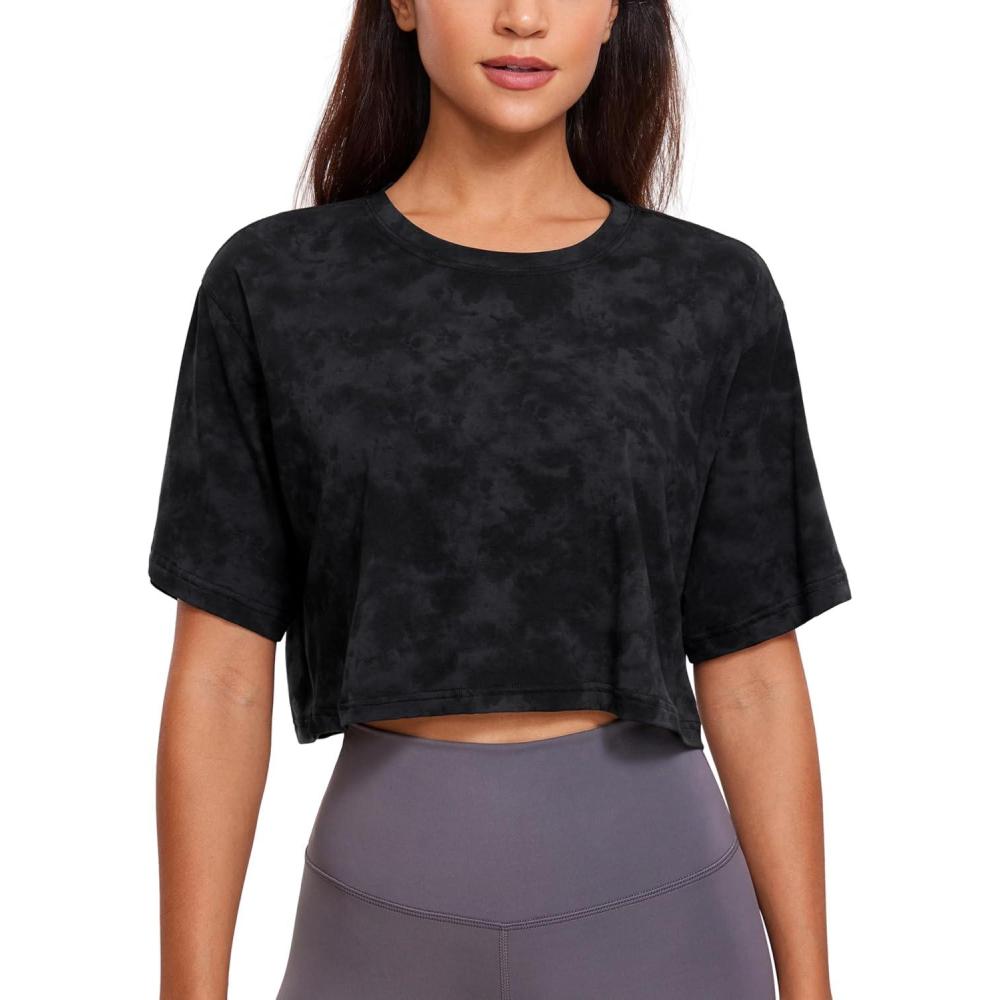 imageCRZ YOGA Pima Cotton Loose Crop TShirts for Women  Workout Yoga Casual Athletic Running Short Sleeve Shirts Crewneck TopsTie Dye Smoke Ink