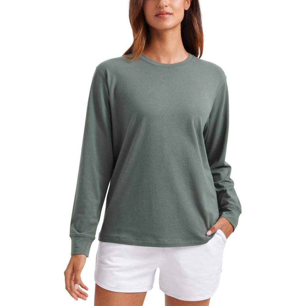 imageCRZ YOGA Pima Cotton Loose Long Sleeve Shirts for Women Workout Yoga Casual Tops Crew Neck Loose Basic Soft Fall TShirtGrey Sage
