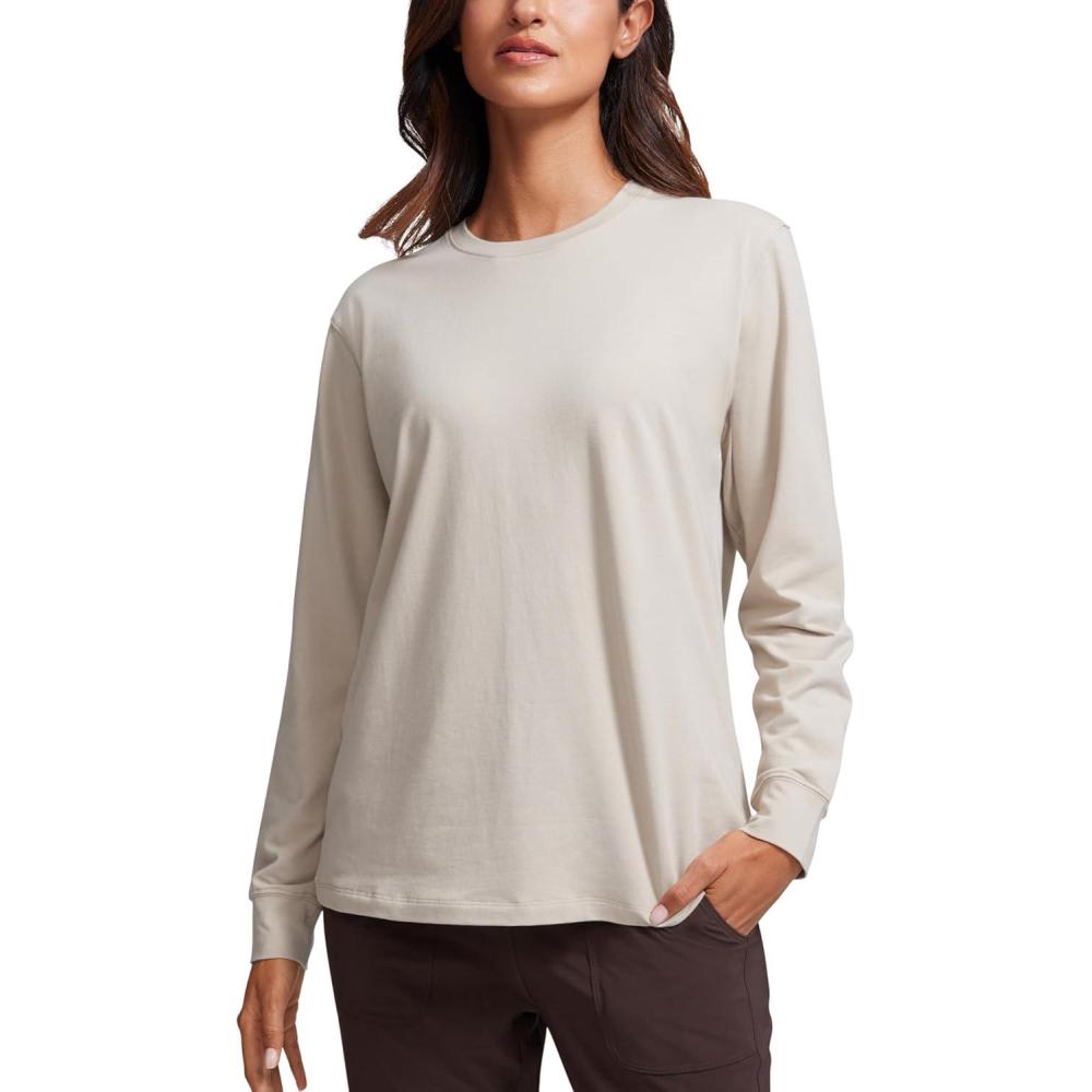 imageCRZ YOGA Pima Cotton Loose Long Sleeve Shirts for Women Workout Yoga Casual Tops Crew Neck Loose Basic Soft Fall TShirtMojave Tan