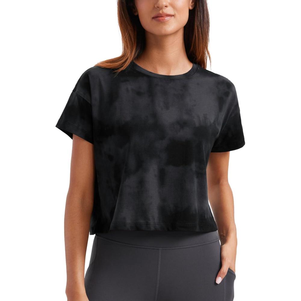 imageCRZ YOGA Pima Cotton Relaxed Crop TShirts for Women  Workout Athletic Gym Casual Short Sleeve Shirts Loose Crewneck TopsBlack Tie Dye Flowers