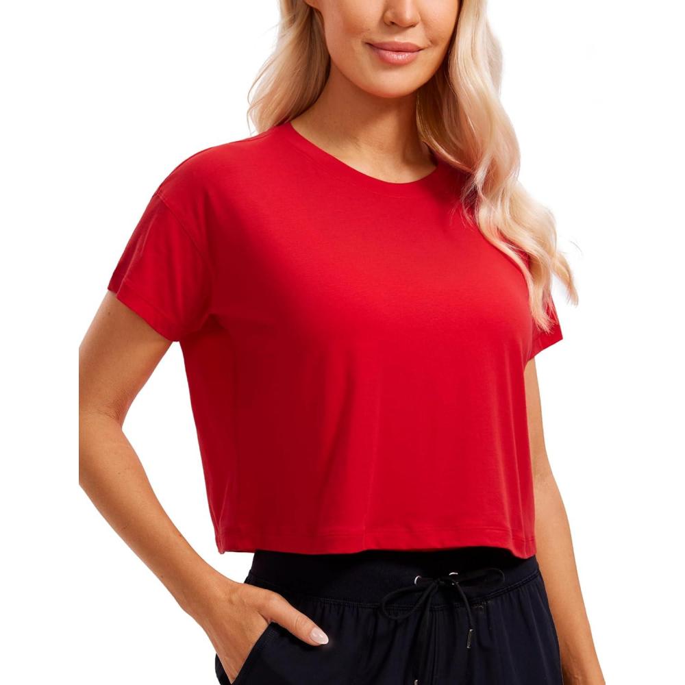 imageCRZ YOGA Pima Cotton Relaxed Crop TShirts for Women  Workout Athletic Gym Casual Short Sleeve Shirts Loose Crewneck TopsFestival Red