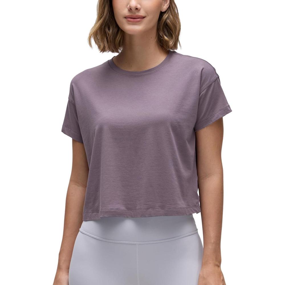 imageCRZ YOGA Pima Cotton Relaxed Crop TShirts for Women  Workout Athletic Gym Casual Short Sleeve Shirts Loose Crewneck TopsPurple Gray